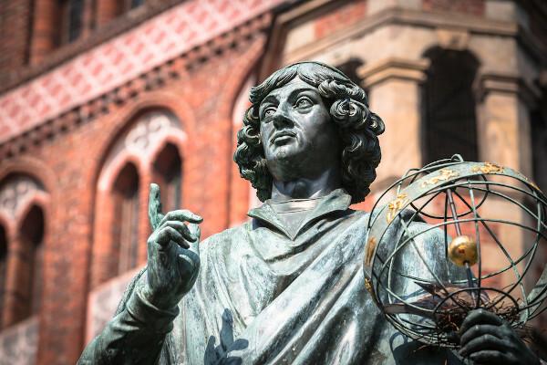 Statue of Nicolaus Copernicus, scholar who revolutionized modern astronomy with the theory of heliocentrism, in Poland.