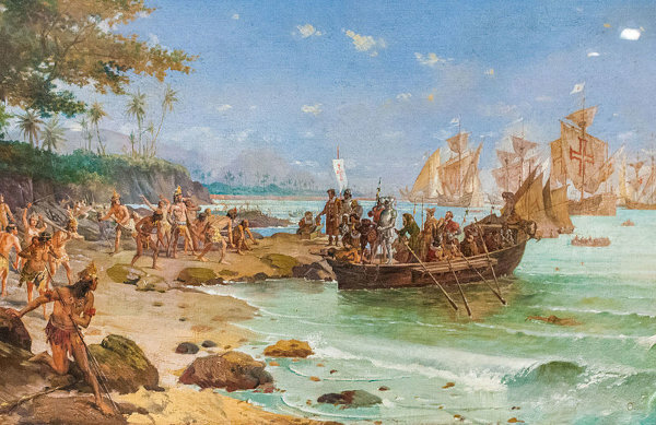 Painting depicting the beginning of Colonial Brazil, one of the periods defined by the division of Brazilian history.